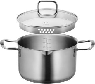 MSER Sanvito, Kochtopf 20cm mit Glasdeckel und praktischem Ausgieer, kleiner Edelstahl Topf mit Siebdeckel und Literskala, geeignet fr Induktion, Edelstahl 18/10