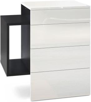 Vladon Nachttisch Queens, Nachttischschrank mit 2 Schubladen und 1 seitlichem Fach zur Wandmontage, Schwarz matt/Weiß Hochglanz (60 x 63 x 36 cm)