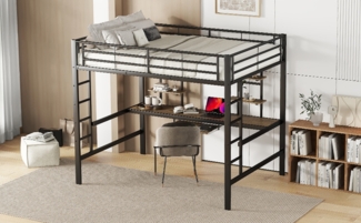 Hochbett Liegefläche 140x200 cm aus Metall mit Schreibtisch & Regalen, schwarz, EN747-zertifiziert Rausfallschutz