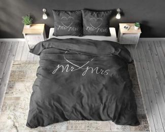 Sleeptime Partner Bettwäsche Mr. und Mrs. 200x200 cm 3teilig grau - weich & bügelfrei Bettbezüge mit Reißverschluss - graue Bettwäsche Set aus 100% Baumwolle - 2X Kissenbezug 80x80 cm