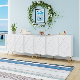 Sideboard mit 3-türiges,3D-Schnitzmuster, modernes Anrichte-Sideboard aus MDF mit melaminbeschichteter Oberfläche, mattweiß