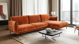 Ecksofa Designersofa MADISON XL in Stoff Dress Me Kupfer Ottomane Rechts