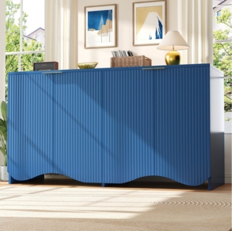 HAUSS SPOLE Sideboard 140×40×85cm mit 4 Türen Wellenmuster-Design, für Wohnzimmer Blau (Modisches Sideboard mit Wellenmuster-Design, verstellbaren Regalen, Anti-Kipp-Mechanismus und robusten MDF-Materialien – Perfekte Aufbewahrung für Wohnzimmer, Esszi...