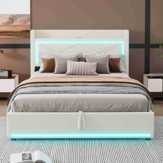 BlingBin Polsterbett Flaches Bett Doopelbett mit USB Ladefunktion (1-tlg, Ambientelicht am Ende des Bettes, App verstellbar), Beige, Linen+MDF, Bett kann angehoben, 140x200