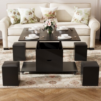 VOWNER Couchtisch 3-in-1-Multifunktions-Couchtisch mit Schublade & 4 Hockern (1-St), umwandelbar in Esstisch, höhenverstellbar