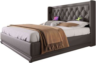 Polsterbett 140x200 cm, PU Schwarz, hydraulischer Bettkasten, getuftetes Kopfteil mit USB‑Typ‑C und 3‑seitiger LED