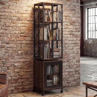 Bücherregal HWC-P13, Standregal Drehregal, Rollen drehbar Tür, Metall Industrial Melamin MVG 162 x 40 x 42 cm ~ dunkelbraun