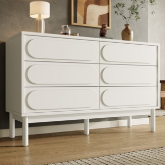 Flieks Kommode mit 6 Schubladen Weiß (Beine aus massivem Kiefernholz, 1 St, B120/T40/H75 cm, für Schlafzimmer, Wohnzimmer, Esszimmer), Mehrzweckschrank Sideboard Holzschrank mit verstellbare Füße