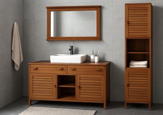 Teak-Badezimmer-Set HWC-M87, Waschtisch Hochschrank Wandspiegel Badezimmer, hochwertiges B-Grade-Teak