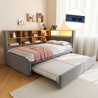 HAUSS SPOLE Schlafsofa 90x200 mit ausziehbett 90x190 mit LED Leuchten und Staufächern Grau, mit Ausziehbett 90x190 cm, Daybett Tagesbett mit USB-Steckdose & Stauraum, Polsterbett für Wohnzimmer & Gästezimmer 90x200 cm, ohne Matratze