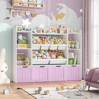 Homfa Kinderregal mit 4 Spielzeugkisten auf Rollen und 6 Boxen, Spielzeugregal mit 7 offenen Fächern Spielzeugtruhe 139.5 x 106 x 30cm