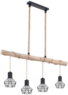 LED Hängelampe, Käfig, Holzbalken natur, Hanfseil, H 120 cm