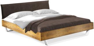 Möbel-Eins CURBY Kufenbett mit Polster-Kopfteil, Material Massivholz, rustikale Altholzoptik, Fichte, Kufen Weiß vintage 180x200 cm Stoff Braun