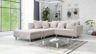 Wohnlandschaft Sofa Couch Ecksofa Eckcouch Cordstoff beige + Hocker Minsk L