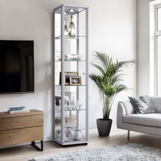 K-Möbel Standvitrine (176x37x33cm) - Made in Germany - Vitrinenschrank Silber / Alu mit 4 höhenverstellbaren Glasböden, Spiegel & LED - Glasvitrine Stehend - Vitrine Glas - Display Cabinet