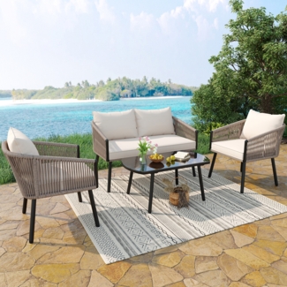 Merax Gartenlounge-Set 4-Sitzer Seil Gartenmöbel, Doppelsofa 2 Sessel & Tisch mit Glasplatte, Beige