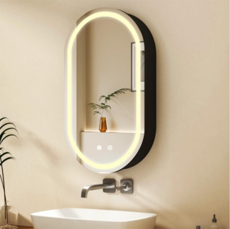 WDWRITTI Spiegelschrank Bad mit Beleuchtung Oval LED Badezimmerspiegelschrank Schwarz (Schrank 40 x 13 x 70 cm mit 3Lichtmodi, Anti-fog, Helligkeit einstellbar) Speicherfunktion