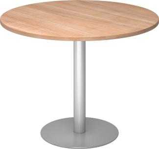 bümö Besprechungstisch, Esstisch klein, Tisch rund 100 cm - kleiner Esstisch Nussbaum, Rundtisch Esstisch 2 Personen mit Holz-Platte, Säule aus Metall in silber, Konferenztisch, Bistrotisch, STF10-N-S