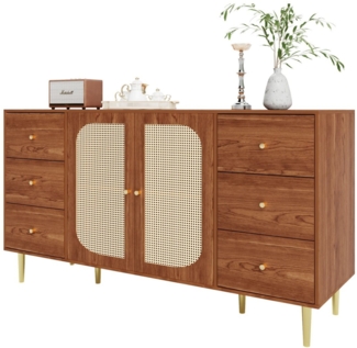 SeedWave Sideboard Holz-Sideboard mit 6 Schubladen, Rattantüren, Anti-Kollisionsdesign, Geräumige & sichere Aufbewahrungslösung, 160 x 40 x 90 cm