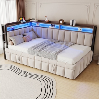 OKWISH Schlafsofa Polsterbett Funktionsbett, Ausziehbett mit LED-Beleuchtung, Ablagefächern & USB- und Typ-C-Anschlüssen 90x200 & 90x190 cm, ohne Matratze