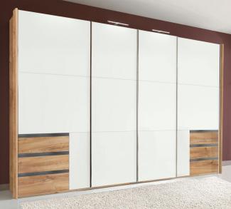 Schwebetürenschrank Level Kleiderschrank Synchronöffnung 300x65x216cm plankeneiche Weißglas