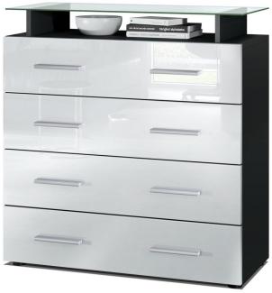 Vladon Sideboard Pavos V2, Kommode mit 4 Schubladen und Glasablage, Schwarz matt/Weiß Hochglanz (76 x 81 x 35 cm)