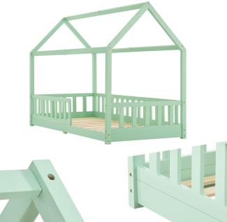 Juskys Kinderbett Marli 90 x 200 cm mit Rausfallschutz, Lattenrost und Dach - Massivholz Hausbett für Kinder - Bett in Mint