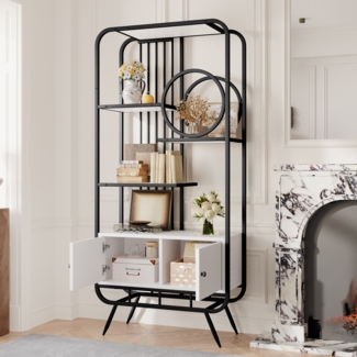 Merax 180 cm Bücherregal Metallregal, mit Doppeltür, drei Regalböden, hohe Metallfüße, runde Dekoration, weiß + schwarz