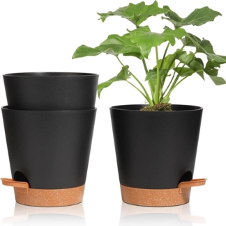 T4U Kunststoff Blumentopf 16,5cm 3er-Set Selbstbewässerung Schwarz
