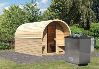 Karibu Sauna Fasshaus 3 mit Tonnendach + 9kW Saunaofen mit ext. Steuerung