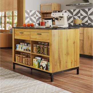 MODFU Esstisch Multifunktionale Kücheninsel mit Schubladen (mit 4 Regalen, schwarze Marmor-Arbeitsplatte & Barbereich, 1-St, 120×75×90cm)