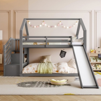 Ulife Etagenbett mit Stauraumtreppe und Rutsche, Hausbett, Kinderbett mit Geländer, mit oberem Lattenrost, 90x200cm