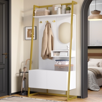 Merax Kompaktgarderobe, offener multifunktionaler Aufbewahrungsschrank mit Spiegel, Metallhaken, Garderobenständer mit Schuhbank, Garderobe, Schuhaufbewahrung, Kleiderständer, Weiß