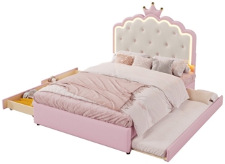 REDOM Polsterbett Gästebett,Jugendbett,mit LED-Umgebungslicht (Polsterbett 140 x 200 cm mit Lattenrost, Ausziehbett, LED-Umgebungsbeleuchtung mit Fernbedienung, Kronprinzessinnen-Design, 2 Schubladen, rosa, für Kinderzimmer, platzsparend und umweltfreu...