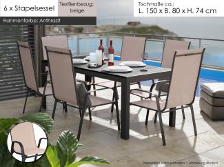 Gartenmöbel Set Alu Tisch 7-tlg. 6x Stapelsessel Essgruppe Sitzgruppe Gartenset beige