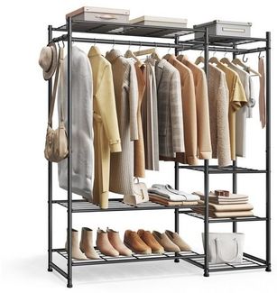 Garderobenständer mit Metallrahmen, offener Kleiderschrank, 7 Ablagen, 2 Kleiderstangen, schwarz