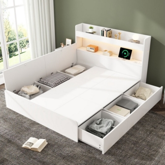 Ulife Stauraumbett Kinderbett Jugendbett mit Schubladenaufbewahrung, LED-Beleuchtung (Ohne Matratze), mit USB-Anschluss und Steckdose, 140x200cm