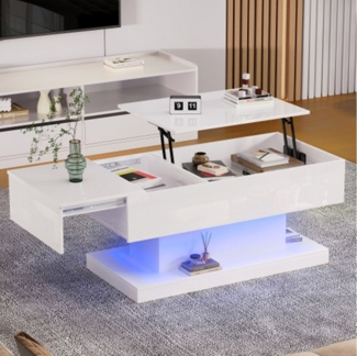 XDeer Couchtisch Hochglanz-Lift-Teetisch LED Couchtische Kaffeetisch Halbhebbares, Tischblatt und verschiebbares Design Stauraum