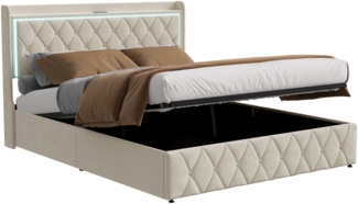 Gasdruckbett mit Kopfteilbeleuchtung und Ladefunktion, 140x200cm Beige Samt