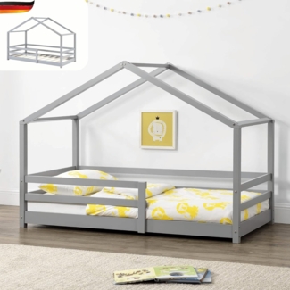 DELUKE® Kinderbett 80x160 cm TRUDA - mit Lattenrost und Fallschutz Kiefernholz Haus-Design Einzelbett Hausbett Kinderzimmer Bodenbett Montessori Bett Grau