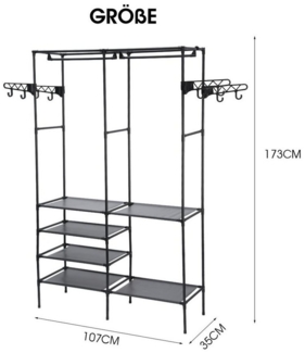 oyajia Kleiderständer Metall Kleiderstange offen mit 6 Ablagen,2 Haken,4 Kleiderhaken, (Garderobenständer, Kleiderständer für Schlafzimmer,Flur,Eingangsbereich, Platzsparender Ständer, bis 60 kg Belastbar, 107 x 35 x 173 cm)