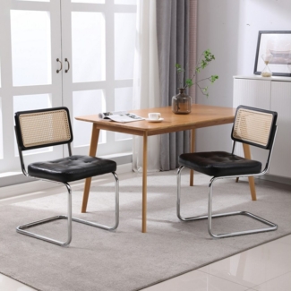 MODFU Esszimmerstuhl Moderne Rattan Esszimmerstühle,Polsterstuhl,Küchenstuhl (Moderne Rattan Esszimmerstühle Set aus 2 Stühlen, Ergonomisches Design mit weicher Kunstlederpolsterung, Mesh Rückenlehne, Chrom Metallbeine), gepolsterte getuftete Kunstleder