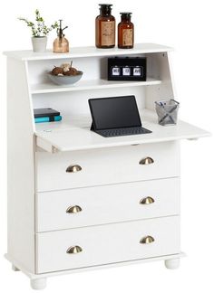 IDIMEX Sekretär Gomes aus massiver Kiefer weiß, schöner Bürotisch mit Klappe, praktischer Arbeitstisch mit 2 Fächer und 3 Schubladen