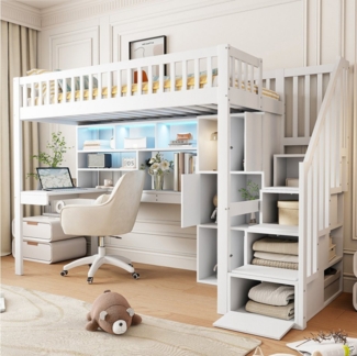 Flieks Hochbett Kinderbett 90x200cm mit Ambientelicht, Ablagefächer und Schreibtisch