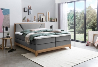 Belanoti Boxspringbett Riviera (Boxspringbett 160x200 Eiche 7-Zonen Taschenfederkern Matratze inkl, Visco Topper Bett 160x200 in der Farbe Anthrazit H2/H3 Polsterbett), Hotelbett mit Massivholz Eiche Massivholzbett