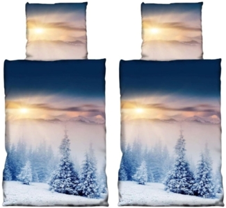 Visaggio Bettwäsche Winter Fleece Bettbezug flauschig warm, Fleece, 4 teilig, Thermofleece kuschelig weich, Winterlandschaft