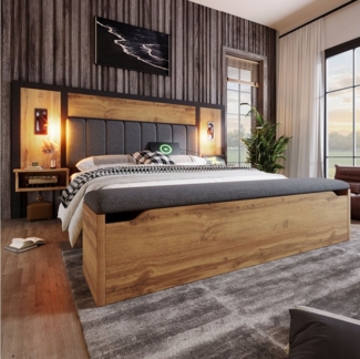 MODFU Massivholzbett Sitzbank mit Stauraum (Struraumbett, Doppelbett, Funktionsbett, 1-tlg, 180×200cm, ohne Matratze), mit Leselampe und USB/Type-C Nachttisch