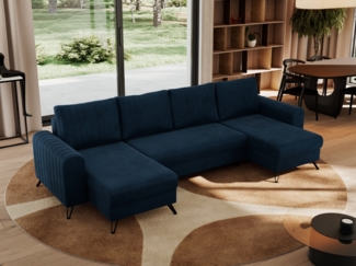 U-förmige Ecksofa, XXL Universalecke mit losen Kissen zum Wohnzimmer, Bettkästen und Schlaffunktion, schwarze Metallbeine - AXEL U - Dunkelblau Velours