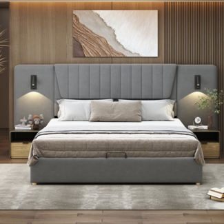 Merax Polsterbett mit Stauraum und Leselampe USB-Ladeanschluss, Holz / Metall / Samt grau, 180x200 cm
