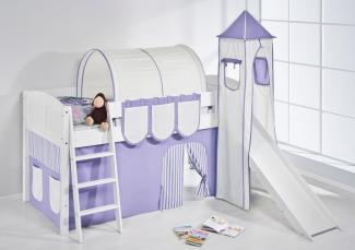 Lilokids 'Ida 4106' Spielbett 90 x 200 cm, Lila Beige, Kiefer massiv, mit Turm, Rutsche und Vorhang